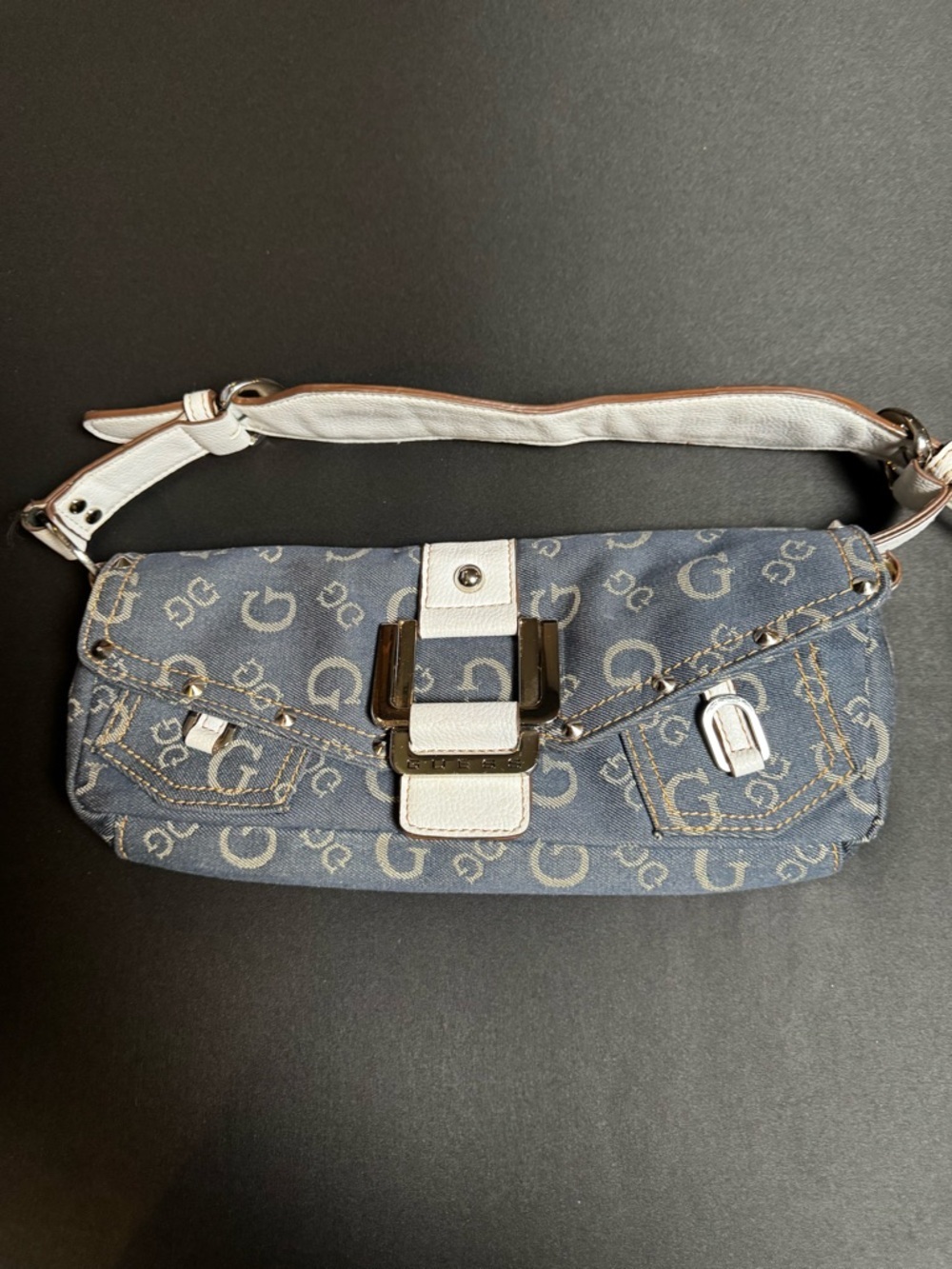 Vintage Y2K Guess Denim Monogram Baguette Bag Blue Logo - Picture 3 of 11